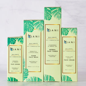 JANI skincare product packaging on a light gray background