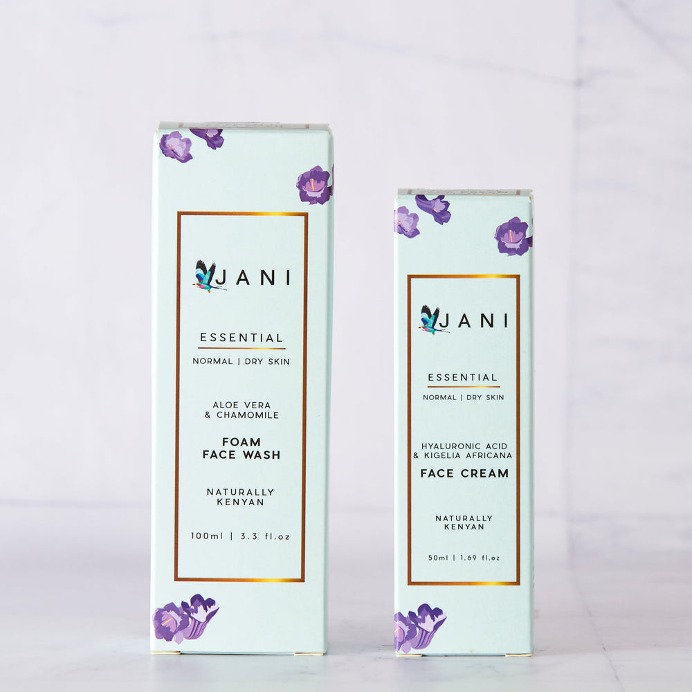 Two skincare products from the brand 'JANI' on a light gray background