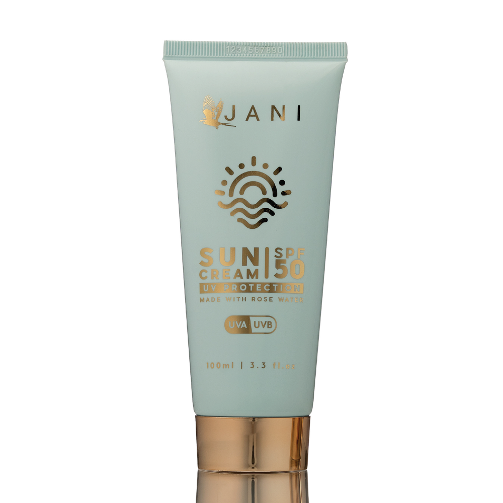 Sunscreen cream tube with 'JANI' branding on a white background