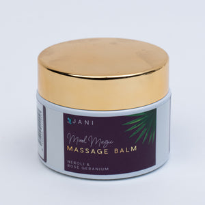 JANI Mool Magic Massage Balm jar with gold lid on a light gray background