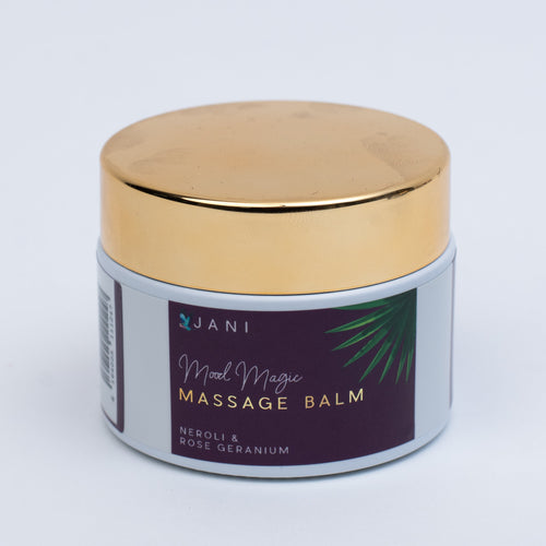 JANI Mool Magic Massage Balm jar with gold lid on a light gray background