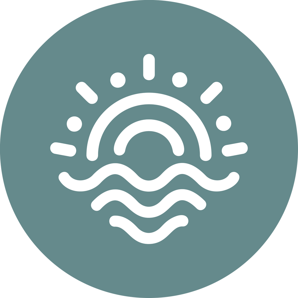 Icon of a sun and waves on a teal background