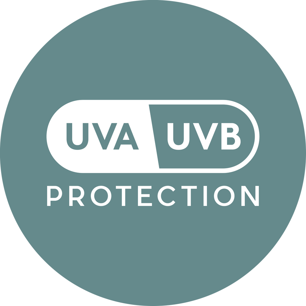 UVA UVB protection logo on a teal background