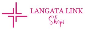 Logo of Langata Link Shops with pink text and a cross symbol on a white background